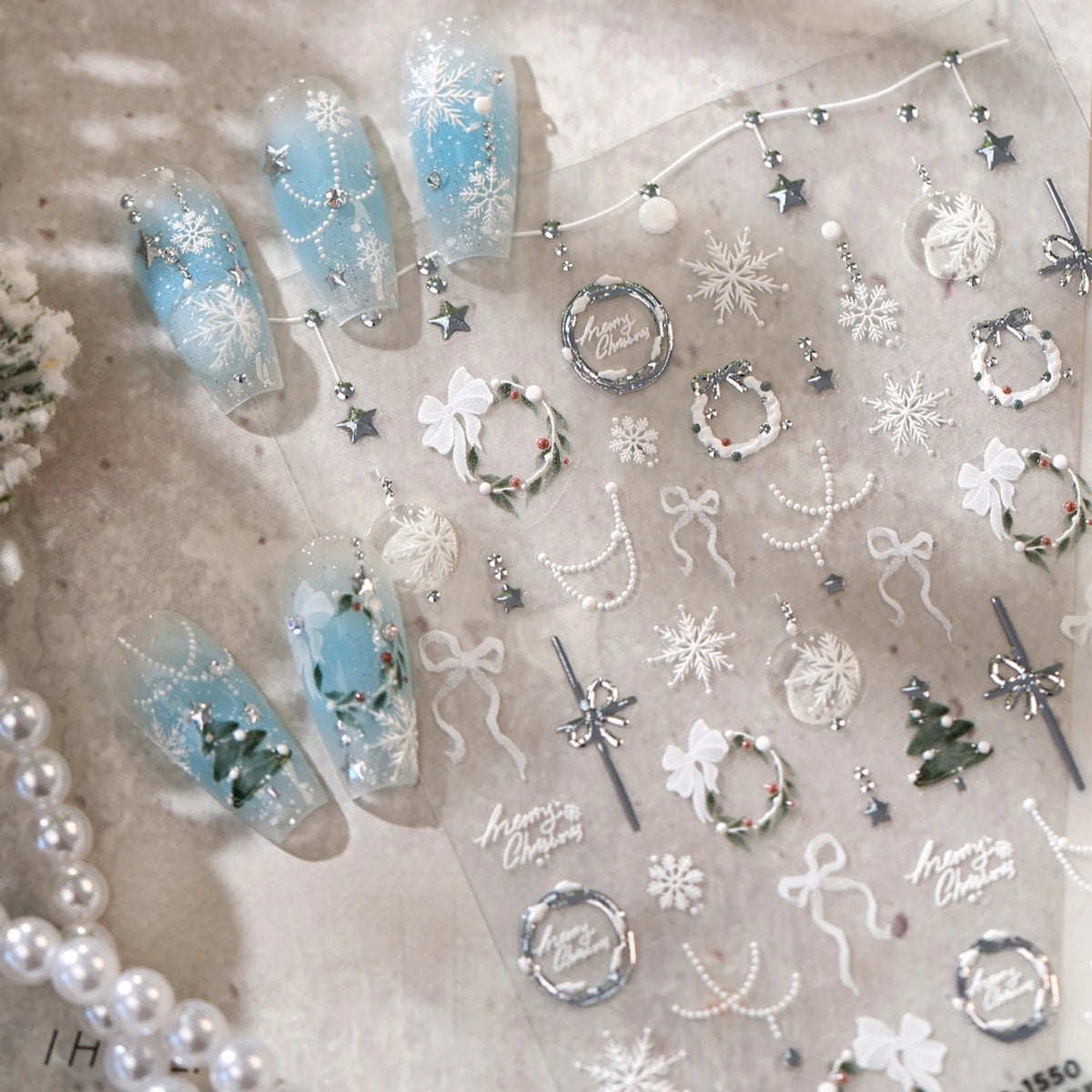 Silver Trim Silver Foil 5D Christmas Nail Stickers White Bow Pearl Chain Xmas Wreath Snowflake Xmas Tree Nail Manicure Supplies