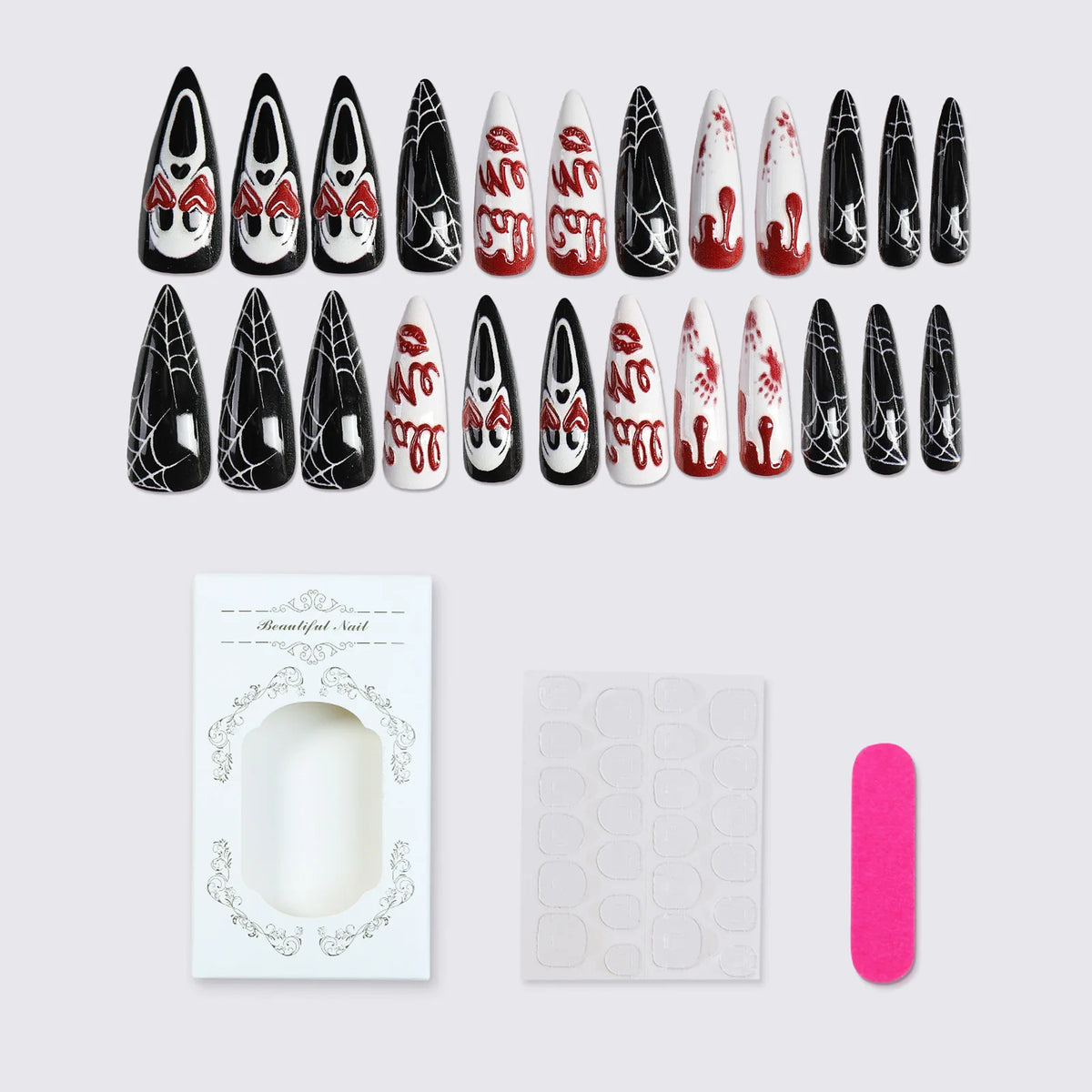 24Pcs Halloween Blood Drip Spider Web Ghost Mask Letter Print Pess on Nails 3D Heart Decor Fake Nail Long Almond False Nail