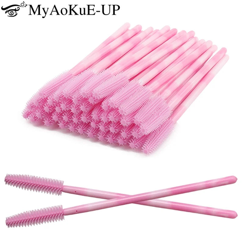 50Pcs Disposable Silicone Eyelash Brush Rainbow Eye Lash Makeup Brushes Mascara Wands Microbrush Eyelashes Extension Beauty Tool