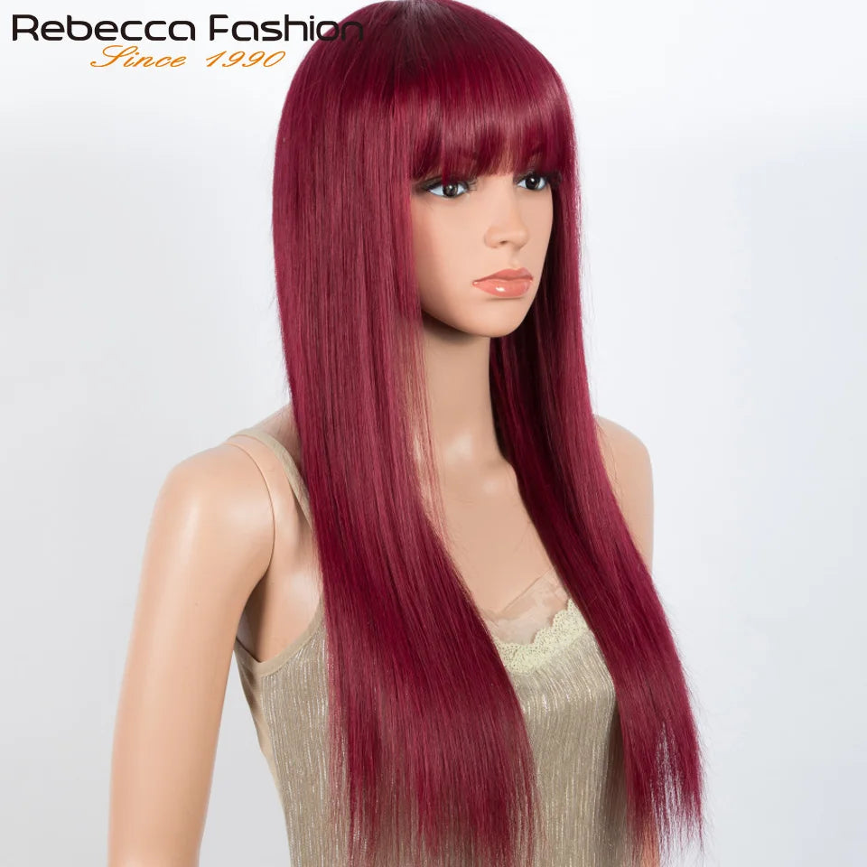 Brazilian Straight Human Hair Wigs With Bangs Burgendy Put On And Go 100% Remy Human Hair Wigs Full Machine Made Wigs For Women