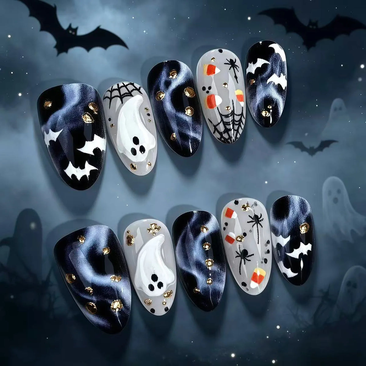 Halloween Pink White Color Press on Nails With 3D Ghost Design Almond Fake Nails INS Sweet Star Moon Decor False Nails 30pcs