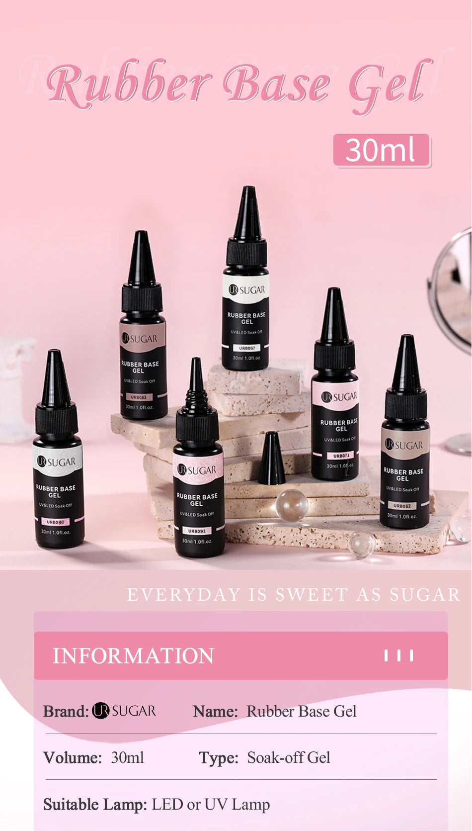 UR SUGAR 30ml Refilled Rubber Base Gel Big Capacity Crystal Nude Pink Clear Soak Off UV LED Nail Art Varnish Constructed Gel