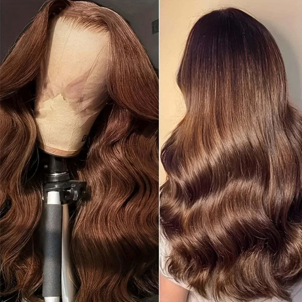 Chocolate Brown Body Wave Lace Front Wigs Human Hair Frontal Lace Wigs 220 Density 30 Inch 13x6 HD Transparent Lace Human Wigs