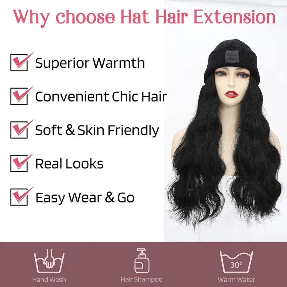 Hat Wig Knitted Beanie Wig Hat Hair Extension 11''18'' Long Wavy Curly Black Hat Wig Synthetic Hairpiece for Women Girls Winter