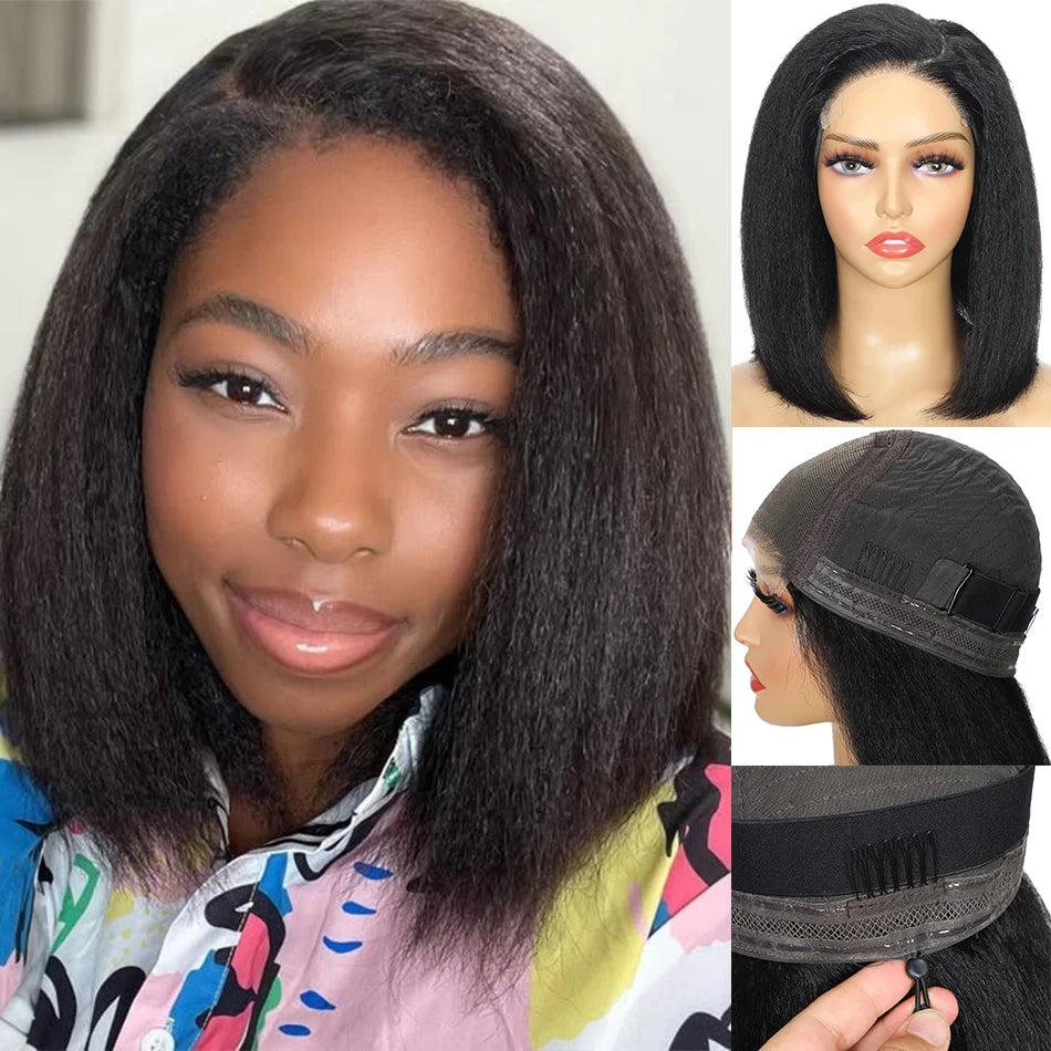 100% Human Hair Bob Yaki Straight Glueless HD Lace Closure Wigs 4C Precut Kinky Straight 5x5 Lace Wig With Drawstring PrePlucked