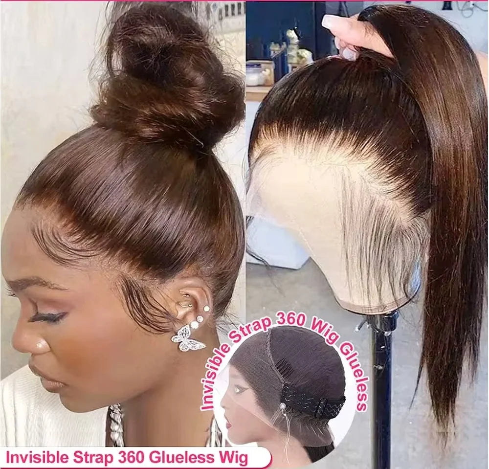 Hidden Invisible Strap 360 Full Hd Lace Glueless Wig Straight Chocolate Brown Lace Front Wigs Human Hair 360 Frontal Wig