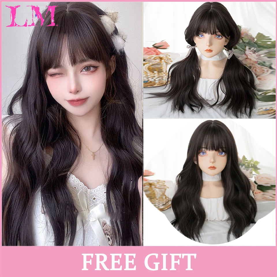 LM Light Blonde Wave Hair Wig Synthetic Long Wavy Wigs with Bangs for Women Cosplay Natural High Temperature Fiber