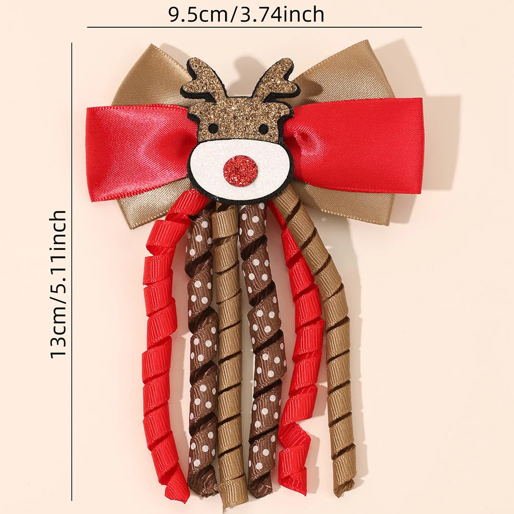 2Pcs Christmas Santa Claus Bow Hair Clips For Girls Cute Reindeer Curly Ribbon Tassels Hairpins Kids  Xmas Party Accessories