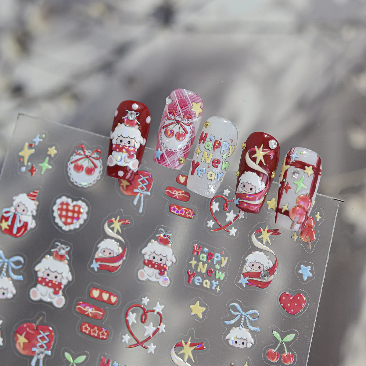 Christmas New Year Theme White Sheep Gift Box Plaid Bow Apple Snowflake Star 5D Nail Stickers Self‑adhesive Nail Holiday Party