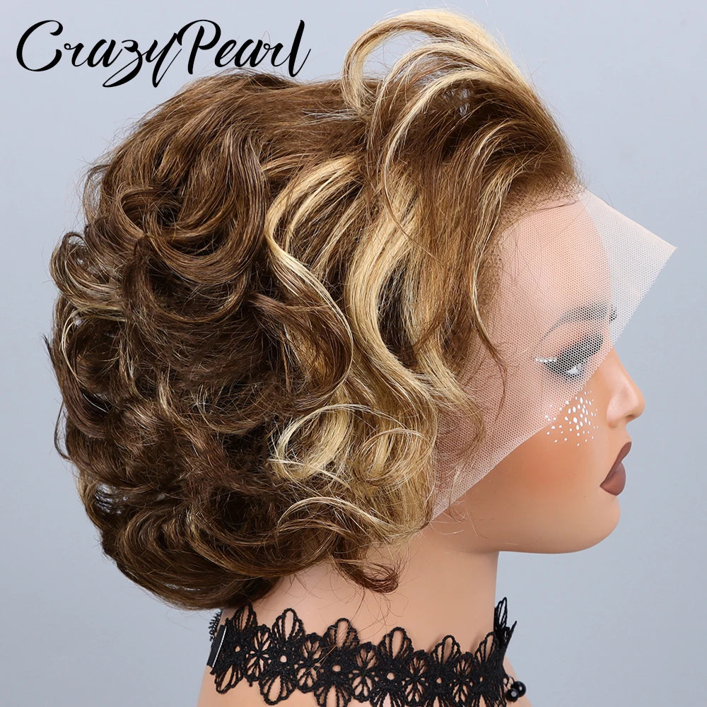 P4/27 Highlight Pixie Cut Wigs Human Hair Short Curly Brown Blonde Gradient Lace Front Pre Plucked Bleached Knots Natural Look