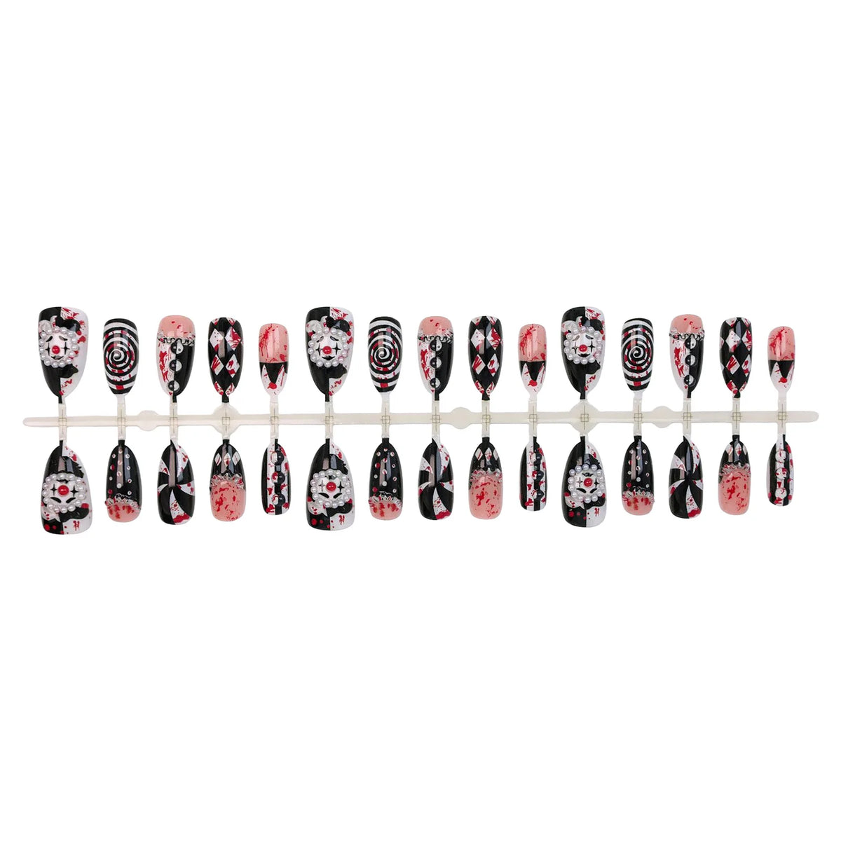 30pcs Funny Dark Clown Press On Nails Halloween French Style Almond False Nails 3D Relief Pearl Spiral Stripes Designs Fake Nail