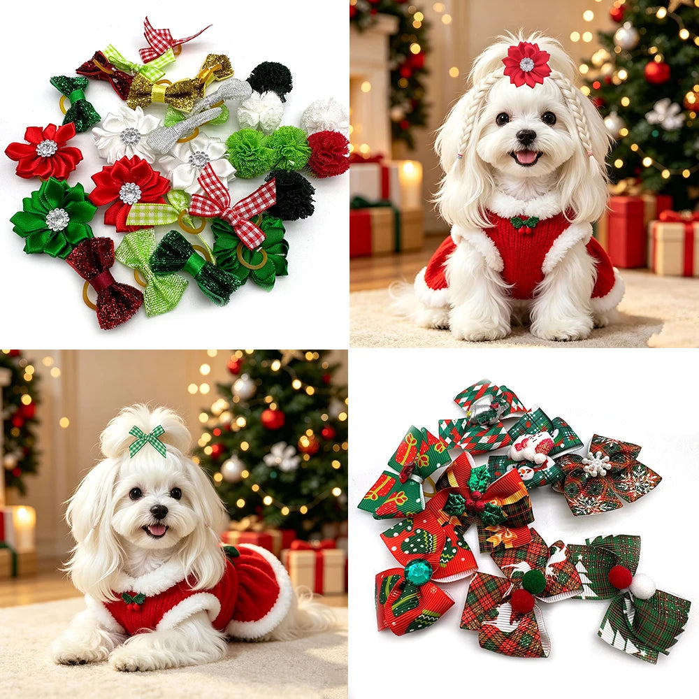50pcs Christmas Small Dog Grooming Bows Xmas Style Pet Puppy Hair Bows Rubber Bands Dog Hair Accessories Pet Supplies for Dogs