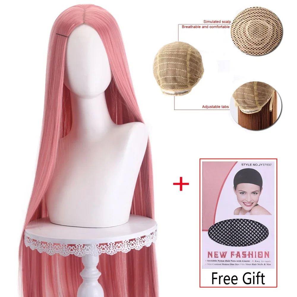 Long Straight Cosplay Wig 100cm Centre Parting Central Split Blond Pink Red Purple Heat Resistant Synthetic Hair Wigs