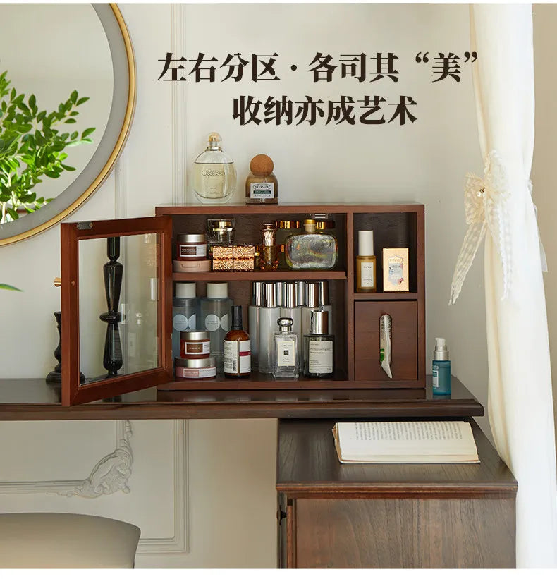 Mid Century Solid Wood Cosmetic Storage Box Drawer Organizer for Perfume Skincare Desktop Vanity Cabinet Rustic Makeup Holder