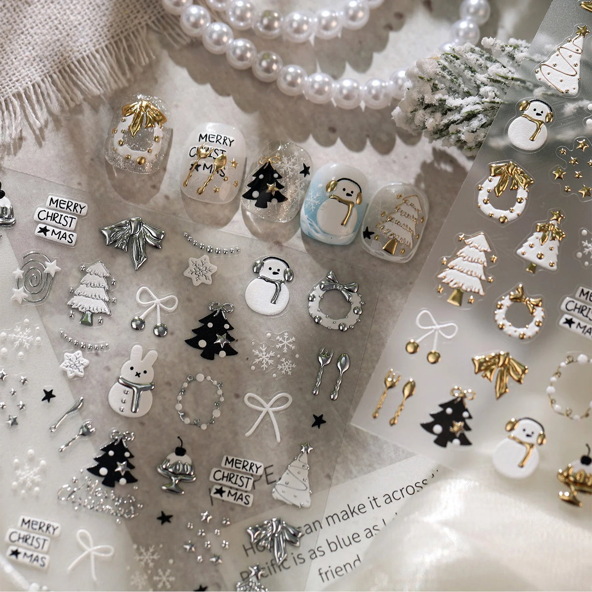 Cute Winter 5D Nail Art Sticker Christmas Tree Snowman Rabbit Bow Pearl Wreath Cake Snowflake Star Self Adhesive Decal Manicure