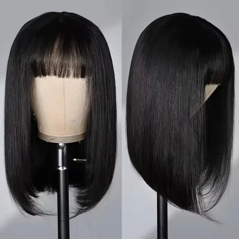3X1 Middle Part Lace Curly Bob Wigs With Bangs Brazilian Hair Machine Made Short Bob Wig With Realistic Scalp Natural Black Color