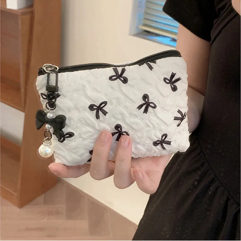 Cute Bow Travel Small Cosmetic Lipstick Portable Storage Bag Women Girls Makeup Handbags Purse Key Earphone Pouch Bags Organizer