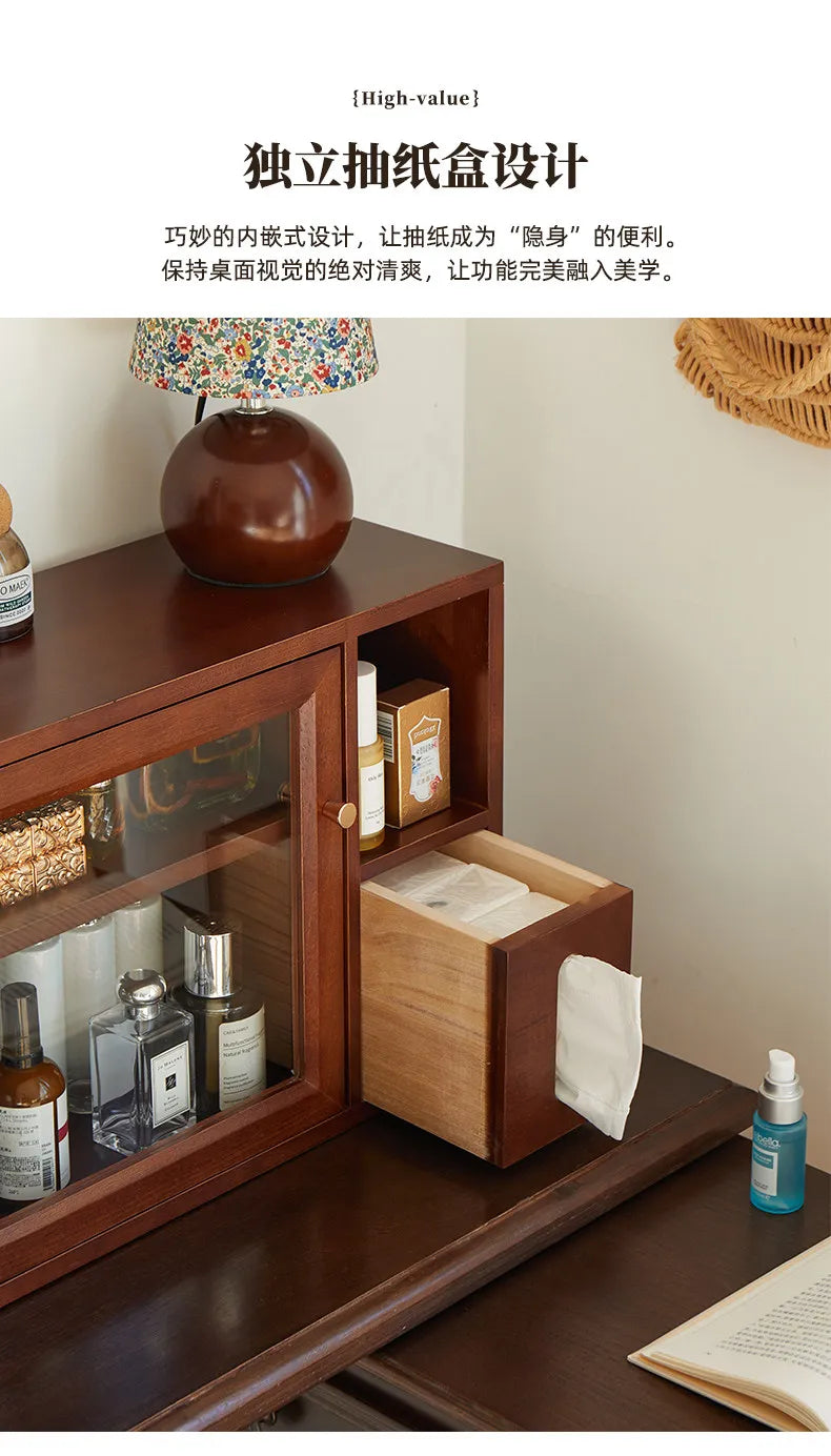 Mid Century Solid Wood Cosmetic Storage Box Drawer Organizer for Perfume Skincare Desktop Vanity Cabinet Rustic Makeup Holder