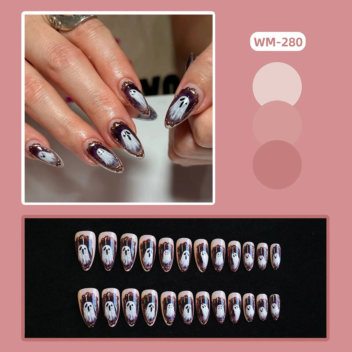 24pcs Halloween False Nails Ghost Witch Pumpkin Print Fake Nails Tips Wearable Detachable European Long Ballet Press on Nails