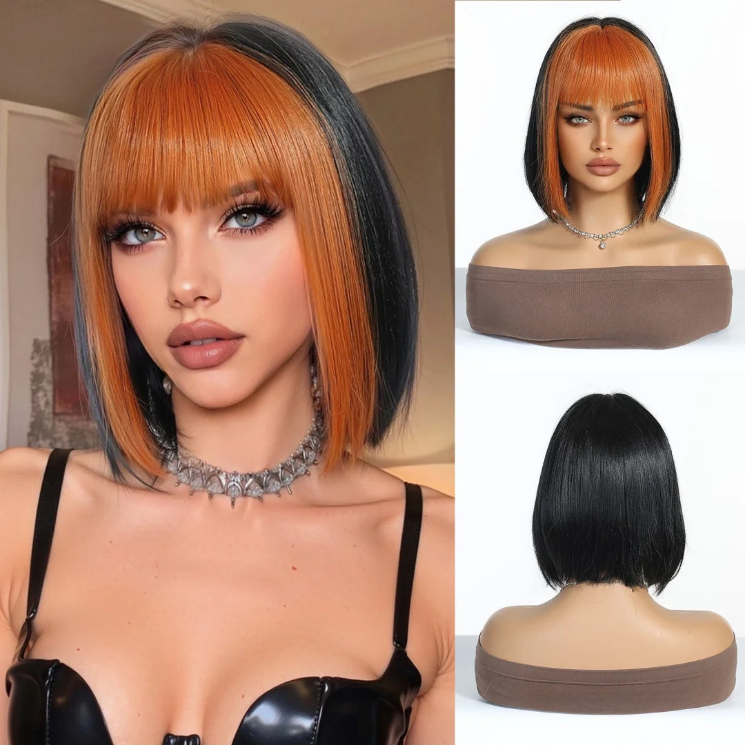 ALAN EATON Short Ombre Brown Synthetic Natural Bob Straight Wigs with Bang for Women Party Daily Use Heat Resistant Fiber