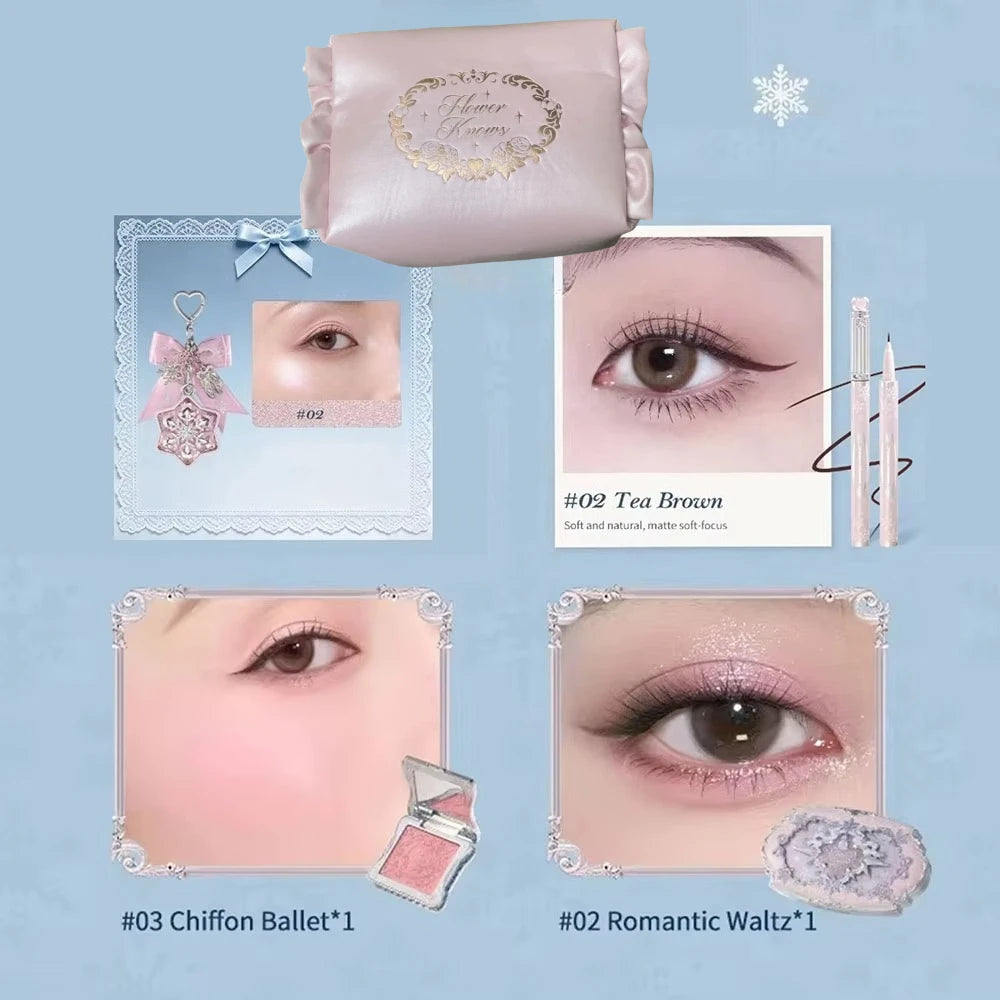 Flower Knows Snow Ballet Makeup Christmas Gift Set Eyeshadow,Blush,Lip Glaze Setting Powder with Cosmetic Bag Beauty Kit
