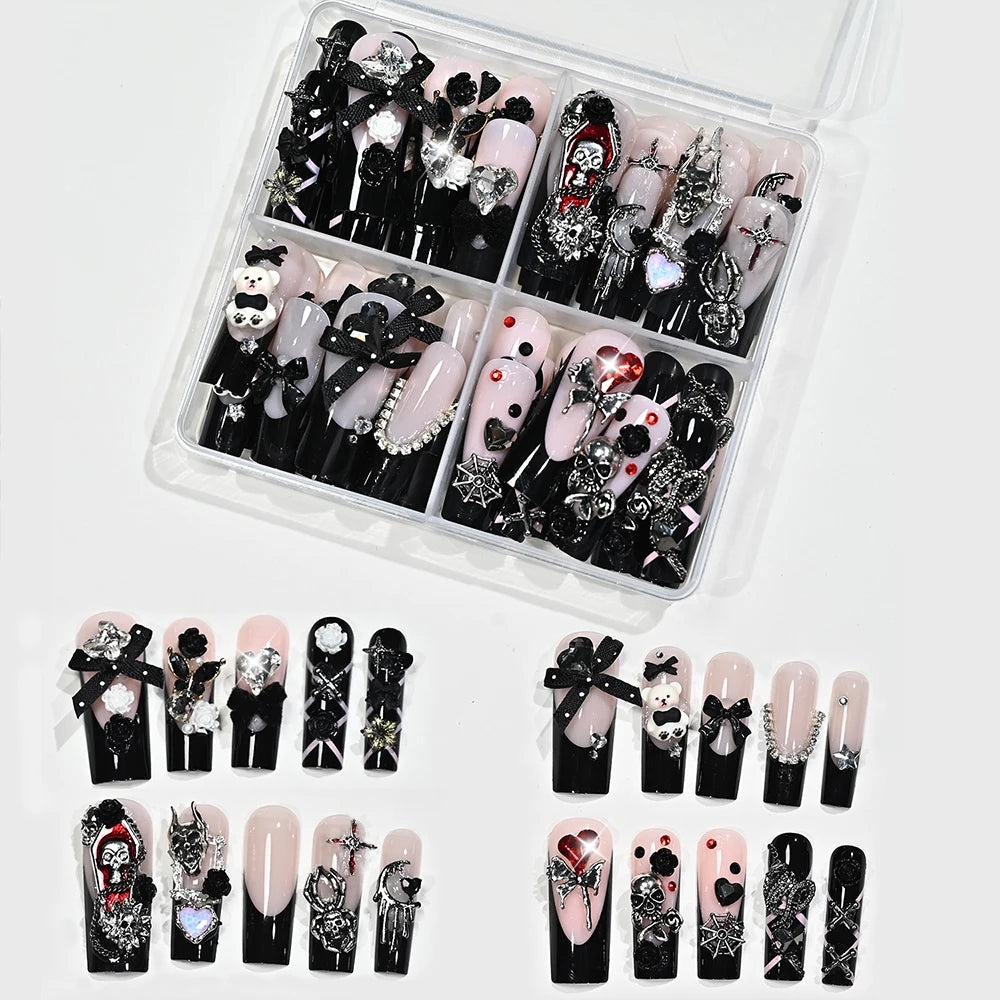 96Pcs Y2k Halloween Punk Black French Fake Nails 3D Metal Alloy (Cross Butterfly Skull Spider) Horror Press On Nail Gothic Nails