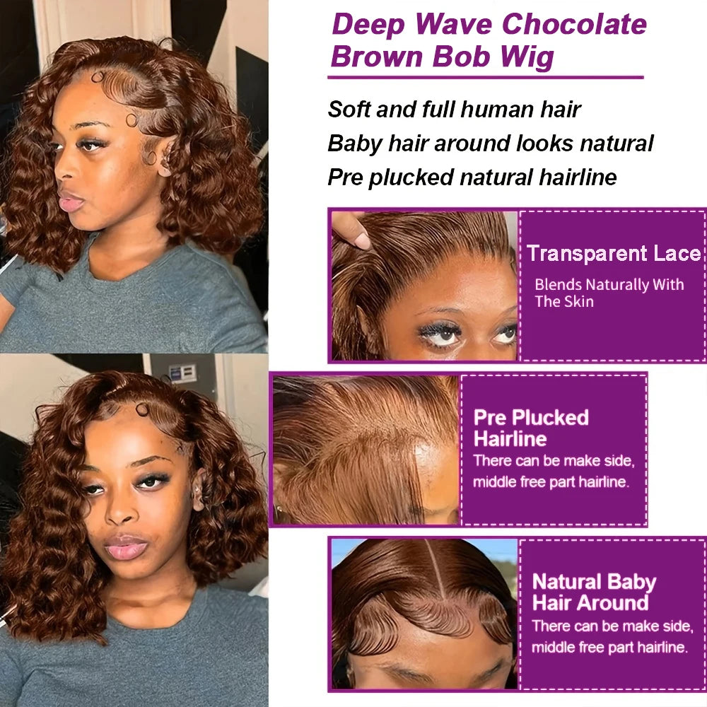 250% Dark Brown Deep Wave Short Bob Wig Human Hair Curly Transparent Lace 13x4 Human Hair Wigs Pre Plucked 10-16 Inch