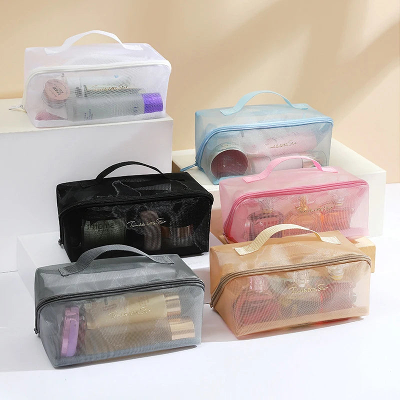 New Transparent Mesh Pillow Cosmetic Bag Travel Tote Makeup Toiletry Storage Pouch Washbag Large Capacity Organizer Zipper Bags