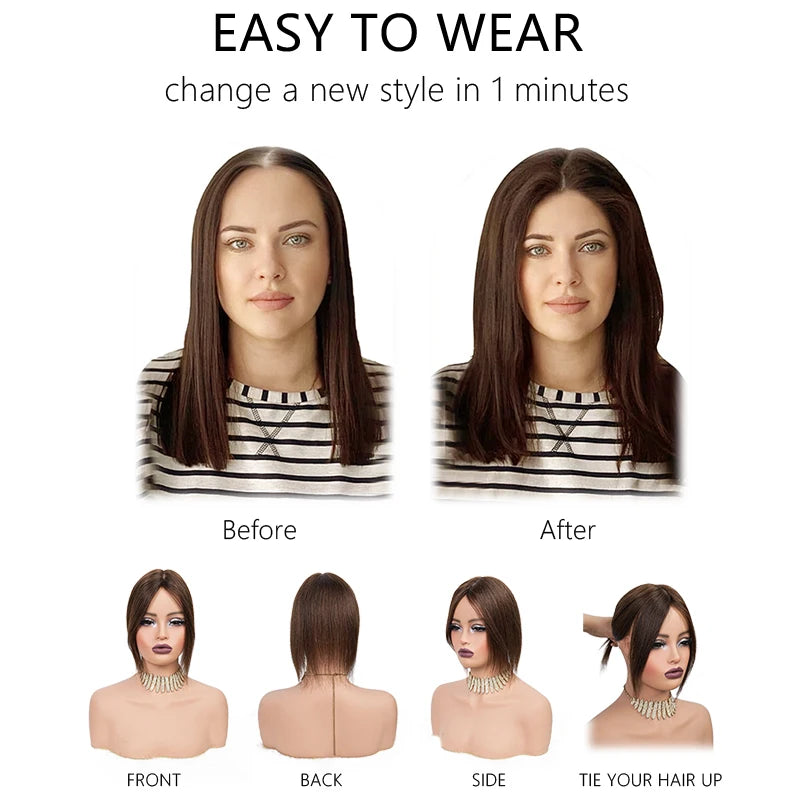 10 Inch 100% Human Hair 13X12cm Hairnet Clip in Hair Topper Extension with Bangs Top Wig Piece for Women Daily Life