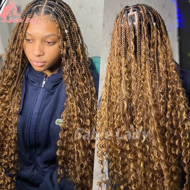 Boho Braided Wigs Synthetic Full Lace Front Wigs Blonde Curly Ends Hair Goddess Locs Cornrows Braid Wigs Knotless Box Braids Wig