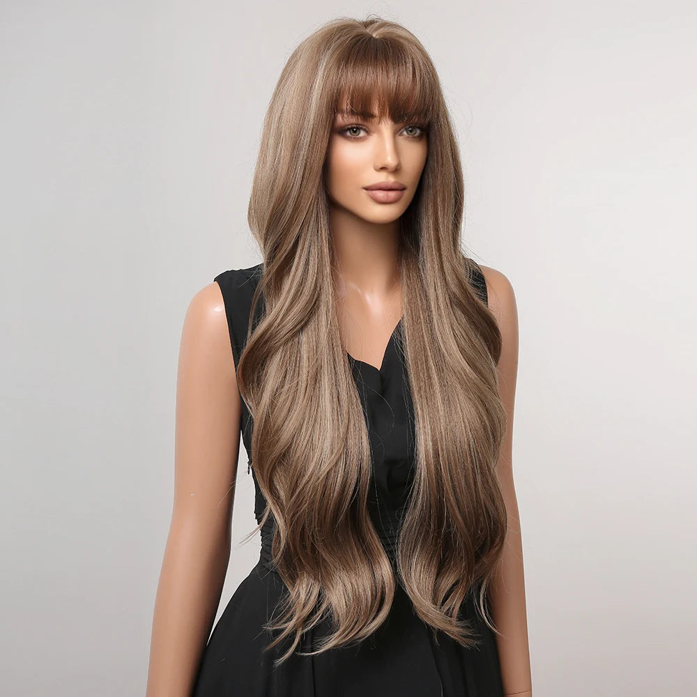 HAIRCUBE Brown Mixed Blonde Synthetic Wigs with Bang Long Natural Wavy Hair Wig for Women Daily Cosplay Use Heat Resistant