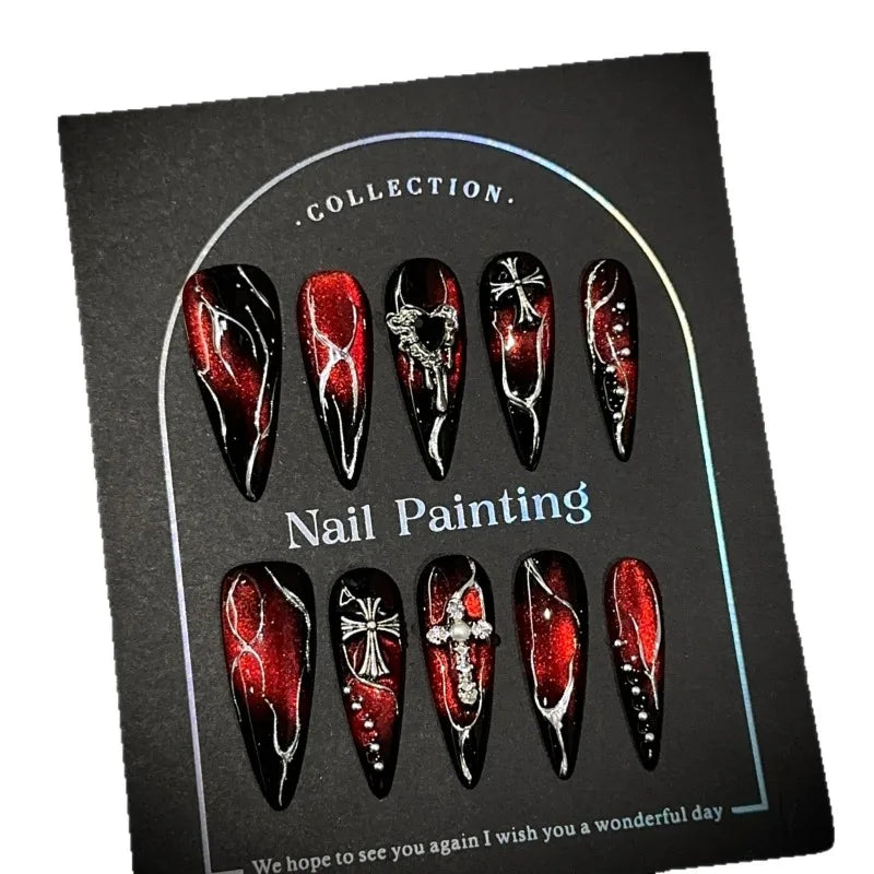 10pcs Press on Nails False Nails Handmade Burgundy Cat Eye Long Almond Gothic Nails Reusable Manicure for Halloween Party
