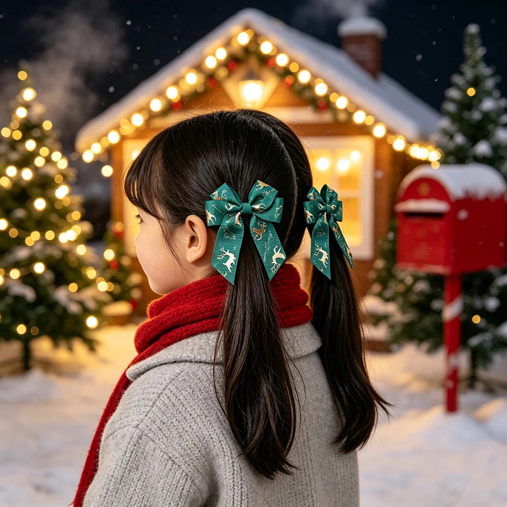 4Pcs Merry Christmas Printed Ribbon Bow Hair Clip Long Tail Barrette Red Green Xmas Tree Deer Pattern Hairpin Girls Headdress