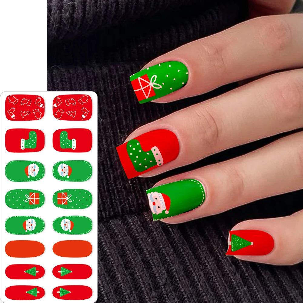 16Tips 3D Full Cover Christmas Series Nail Stickers Adhesive No Light Need Nail Art Wraps Strips Festival Manicure Polish Tips *