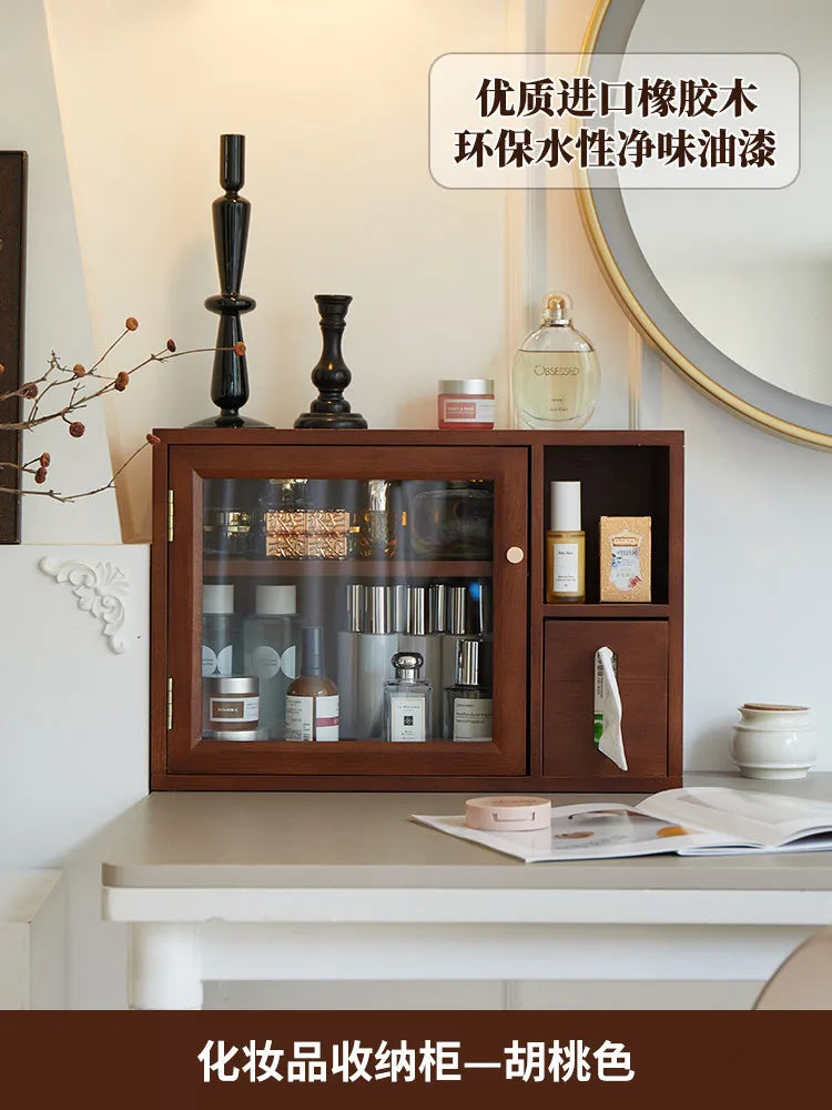 Mid Century Solid Wood Cosmetic Storage Box Drawer Organizer for Perfume Skincare Desktop Vanity Cabinet Rustic Makeup Holder