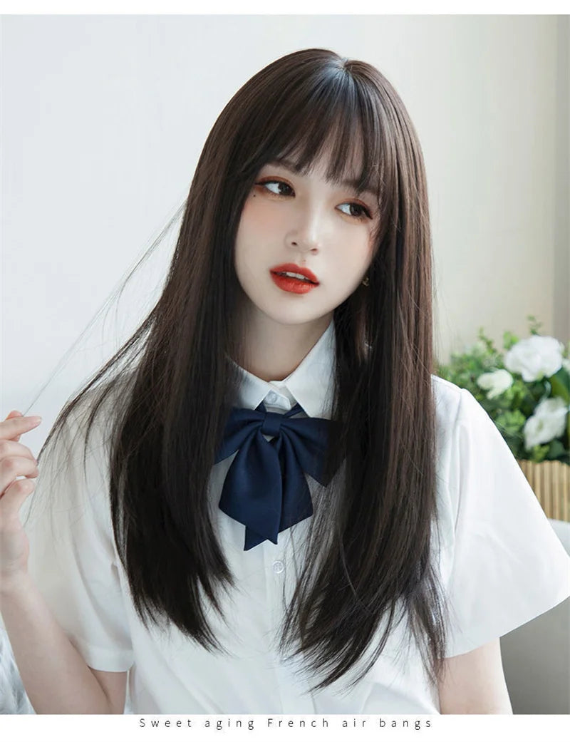 Korea Hair Extensions Synthetic Cute JK Girl Cosplay Air Bangs Wig Breathable Head Cover 50cm Long Straight Wig Hat for Women