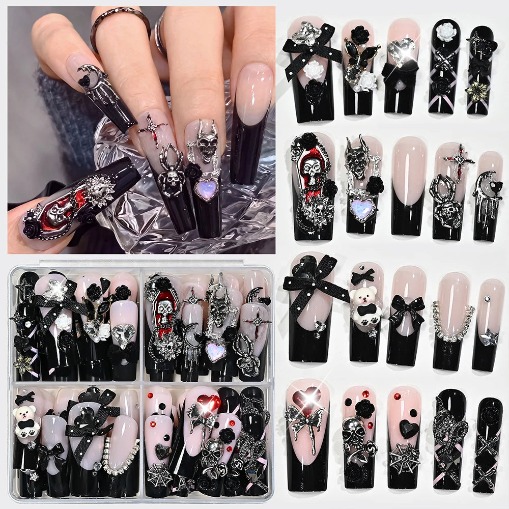 96Pcs Y2k Halloween Punk Black French Fake Nails 3D Metal Alloy (Cross Butterfly Skull Spider) Horror Press On Nail Gothic Nails