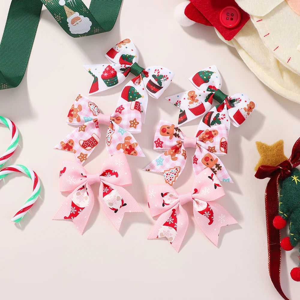 6Pcs Christmas Kids Bows Hair Clips Set for Baby Girl 2.4'' Ribbon Elk Santa Print Bowknots Hairpins Headwear Hair Accessories
