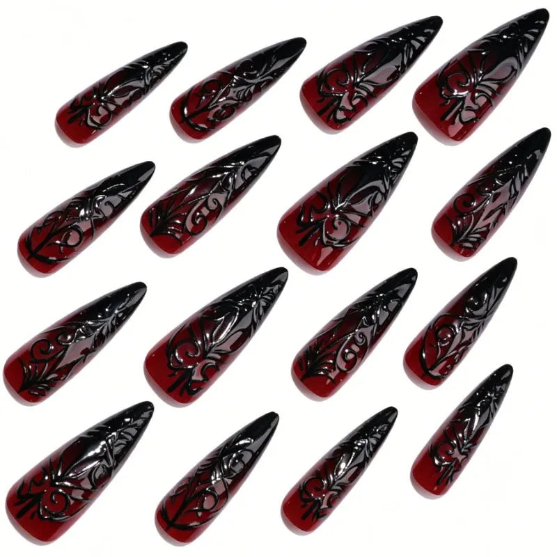 24Pcs Fake Nails Halloween-Themed Long Pointed Nails with Embossed Blood-Red Spider Web Gradient Design Press-On Nails