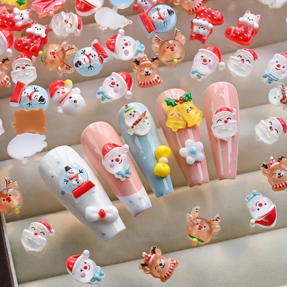 50Pcs/Lot 3D Cute Christmas Nail Art Decoration Kawaii Santa Claus Elk Snowman Rhinestones Flat Back Resin Xmas Manicure Parts