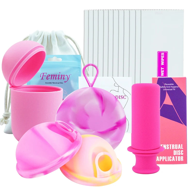 Feminy Menstrual Disc Kit Medical Grade Reusable Soft Silicone Period Disc with Sterilizer Case Applicator Leakproof Monthly Cup