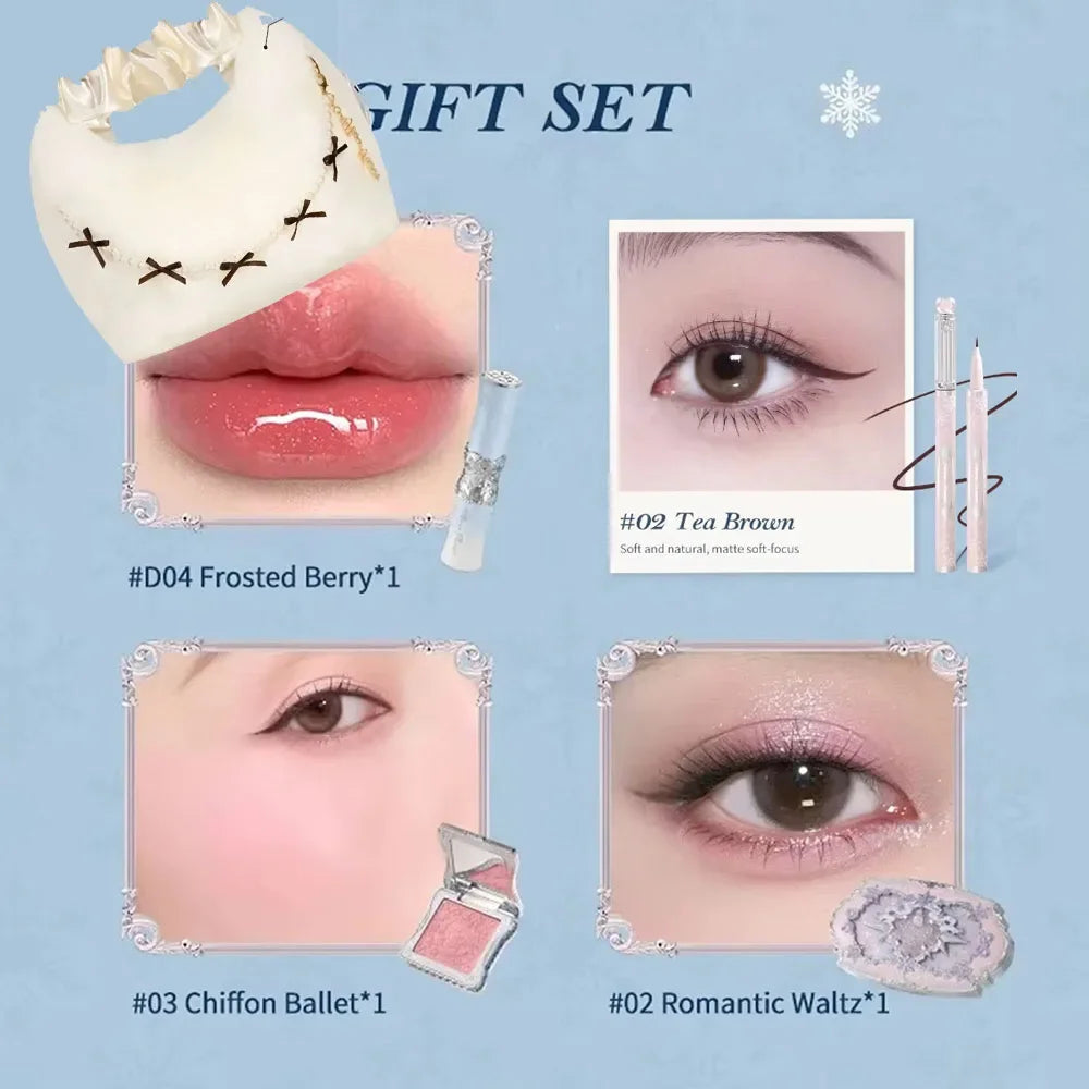 Flower Knows Snow Ballet Makeup Christmas Gift Set Eyeshadow,Blush,Lip Glaze Setting Powder with Cosmetic Bag Beauty Kit