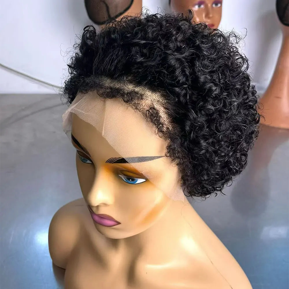 Short Curly Wig 4 Inch 13X4 Lace Front Wig With 4C Baby Hair Hairline Pixie Cut Curly Hair Wigs Human 180% Density With Drawstri