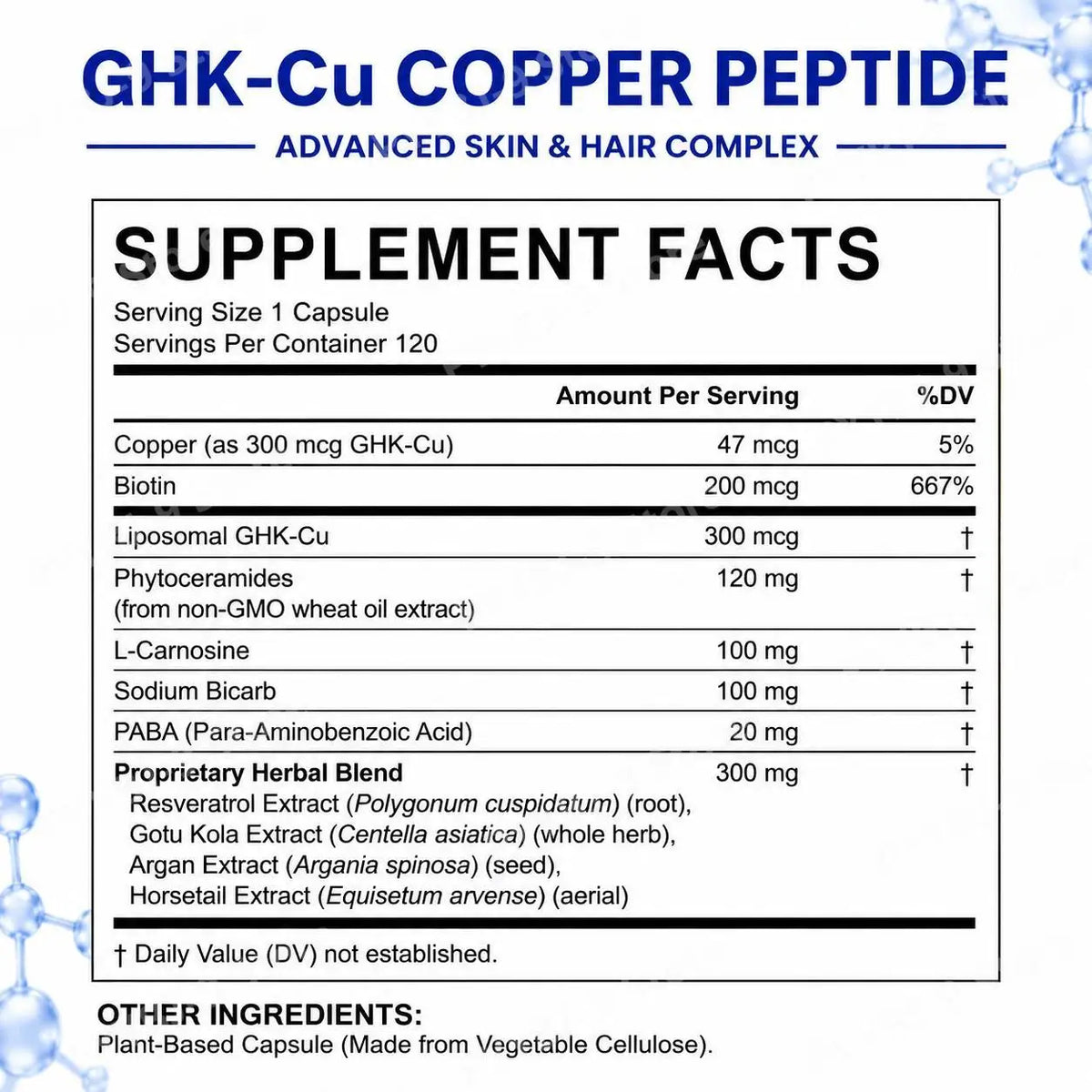 Lenm Liposomal GHK-Cu Copper Peptide - 120 Vegan Capsules with Biotin Phytoceramides for Skin Elasticity & Hair Growth Support