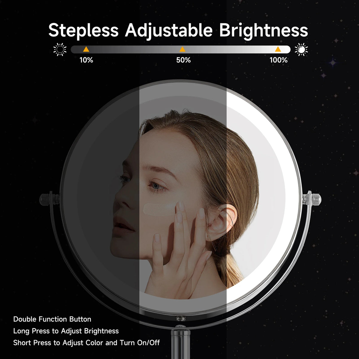 Double Sided LED Lighted Makeup Mirror, Height Adjustable Touch Control Vanity Mirror with Ring Light, 360° Swivel 1X/10X Magnification Cosmetic Mirror for Bathroom Dresser Tabletop