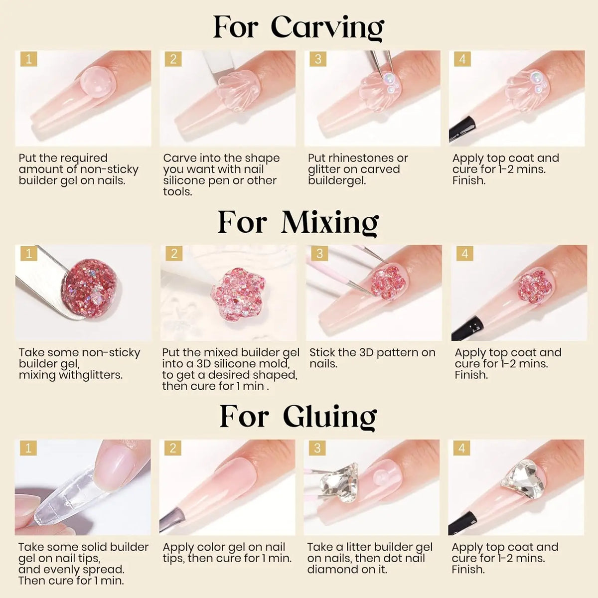 Makartt Solid Gel Builder: 4-in-1 Clear White Non-sticky for Extension 3D Sculpting Nail, UV Glue for Acrylic Tips, Rhinestones