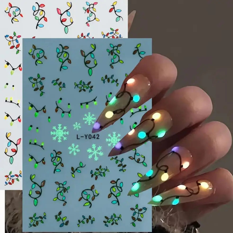 3D Luminous Light Bulb Christmas Nail Sticker Snowflake/Santa Claus/Wreath Self-Adhesive Nail Decals Xmas Glowing Manicure Decor
