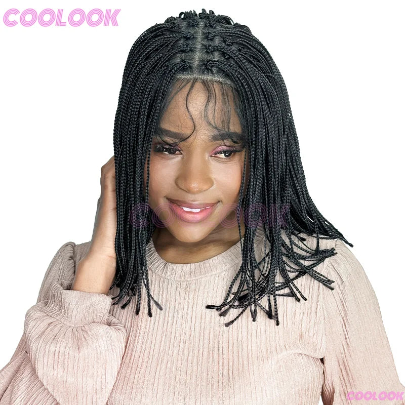 12" Short Braided Wigs For Women Synthetic Wig 6*6 Lace Braids African Wigs Cornrow Micro Black Wig