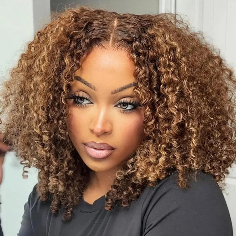 Curly Short Bob Wig Highlight P4/27 Honey Blonde 5X5 Hd Lace Closure Wig Deep Wave Human Hair Wigs For Women Virgin Human Hair Ombre Colored Glueless Frontal Lace Wig