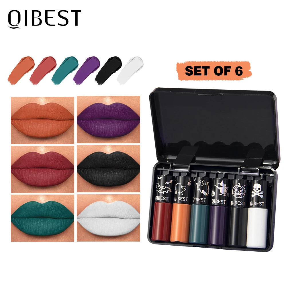 QIBEST Halloween Liquid Lipstick Makeup Sets Waterproof Matte Lipstick Red Black Orange Purple Lip Stain Tint Lasting Cosmetics